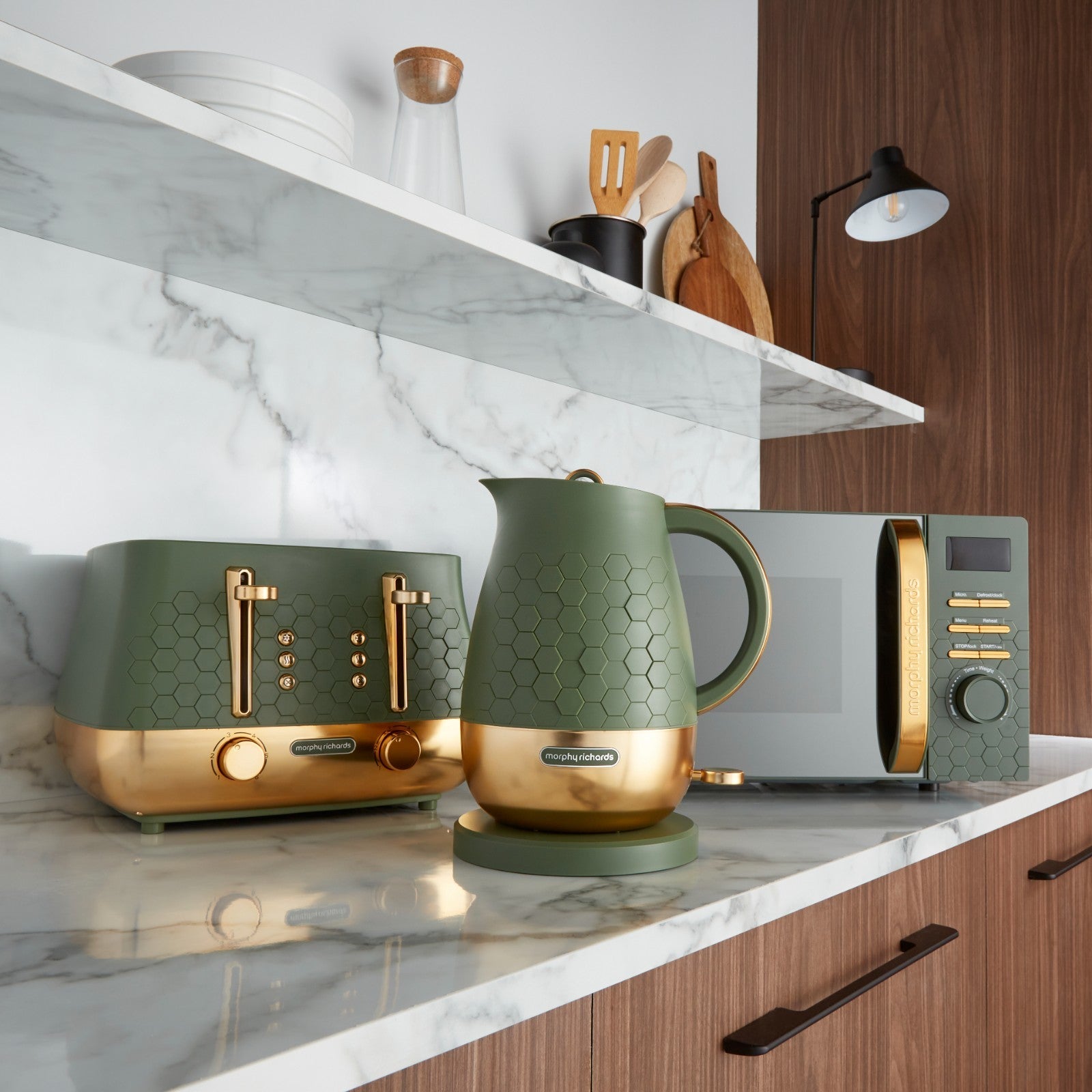 Morphy Richards Cassini Kettle Toaster Microwave Olivine Green Kitchen Bundle1