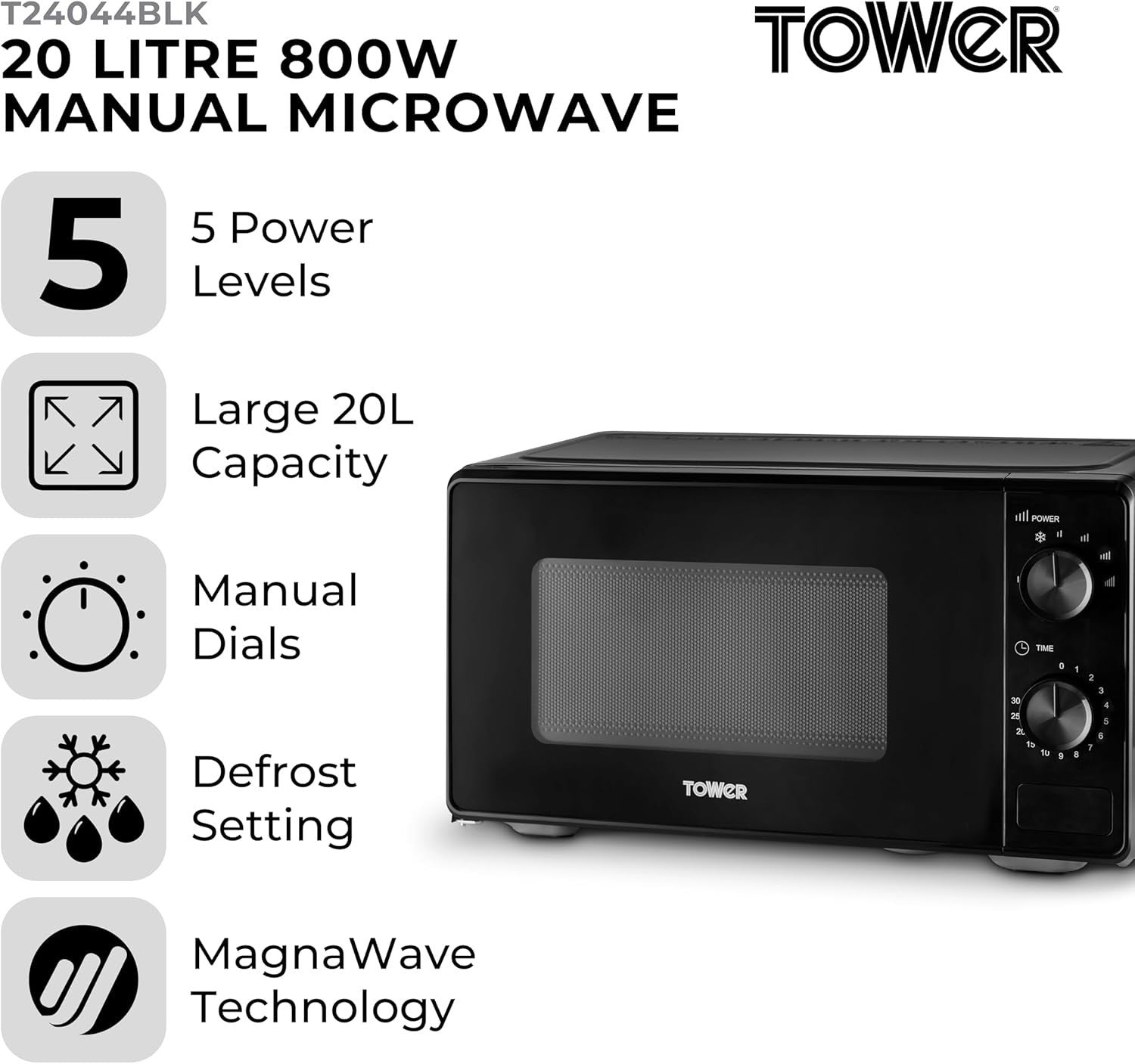 Tower Sonar Black Kettle 2 Slice Toaster & 800W 20L Manual Microwave T24044BLK12