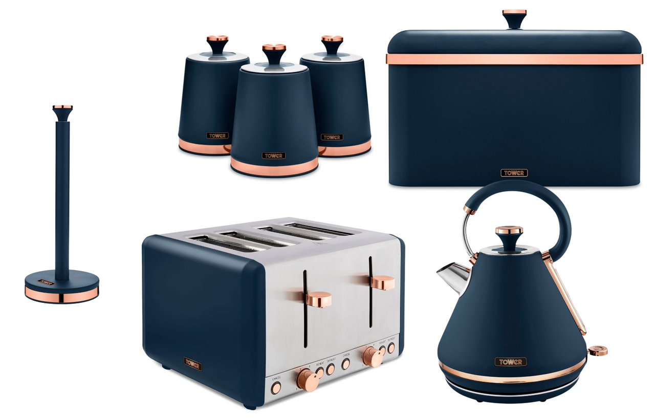 Tower Cavaletto Blue Rose Gold Kettle Toaster Matching Kitchen Storage Set of 80