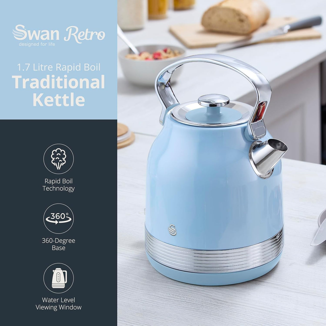 Swan Retro Revive Blue Stovetop Kettle 2 Slice Toaster Microwave Canisters Set1