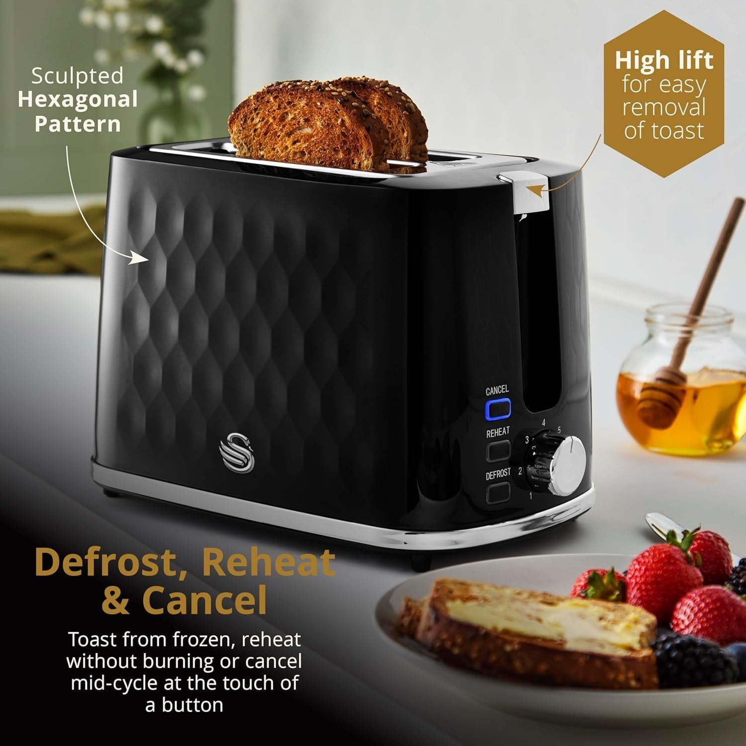 Swan Hexton Black Kettle, 2 Slice Toaster and 20L Digital Microwave Kitchen Set20