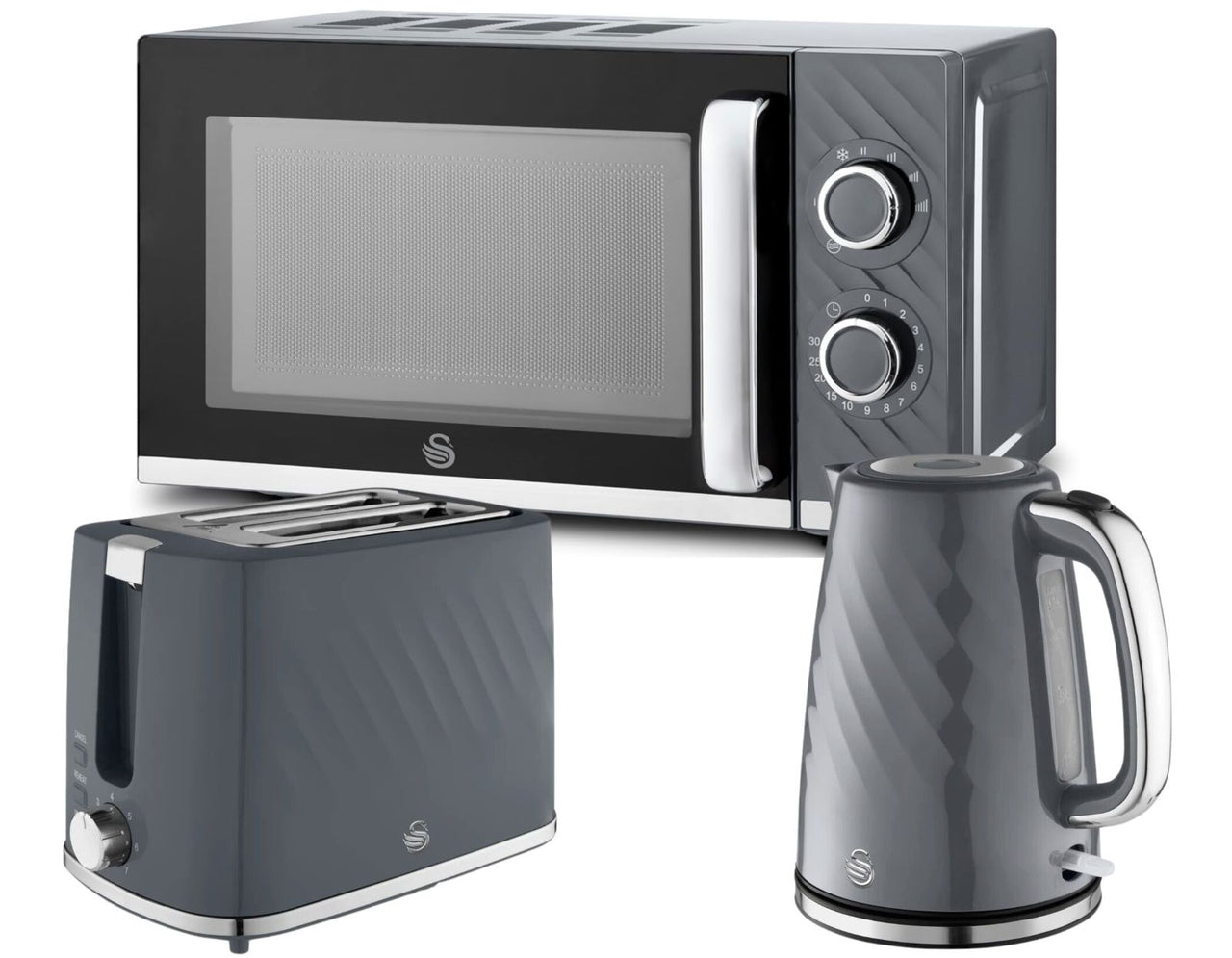 Swan Windsor Grey Kettle Toaster Microwave Set Textured Finish Chrome Accents0