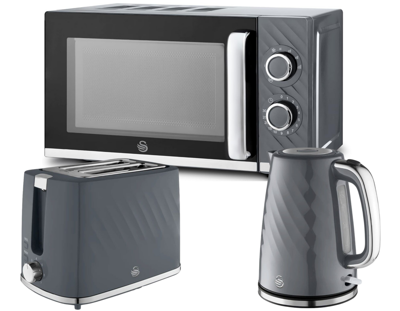 Swan Windsor Grey Kettle Toaster Microwave Set Textured Finish Chrome Accents0