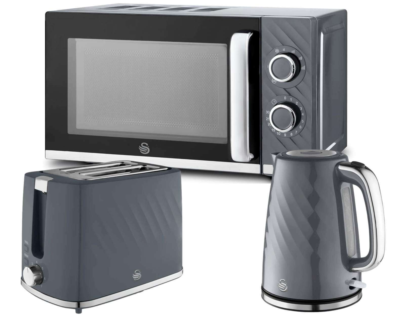 Swan Windsor Grey Kettle Toaster Microwave Set Textured Finish Chrome Accents0