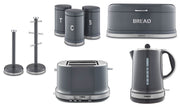 Tower Belle Kettle, 2 Slice Toaster, Bread Bin, Canisters, Mug Tree & Towel Pole Set in Graphite Grey