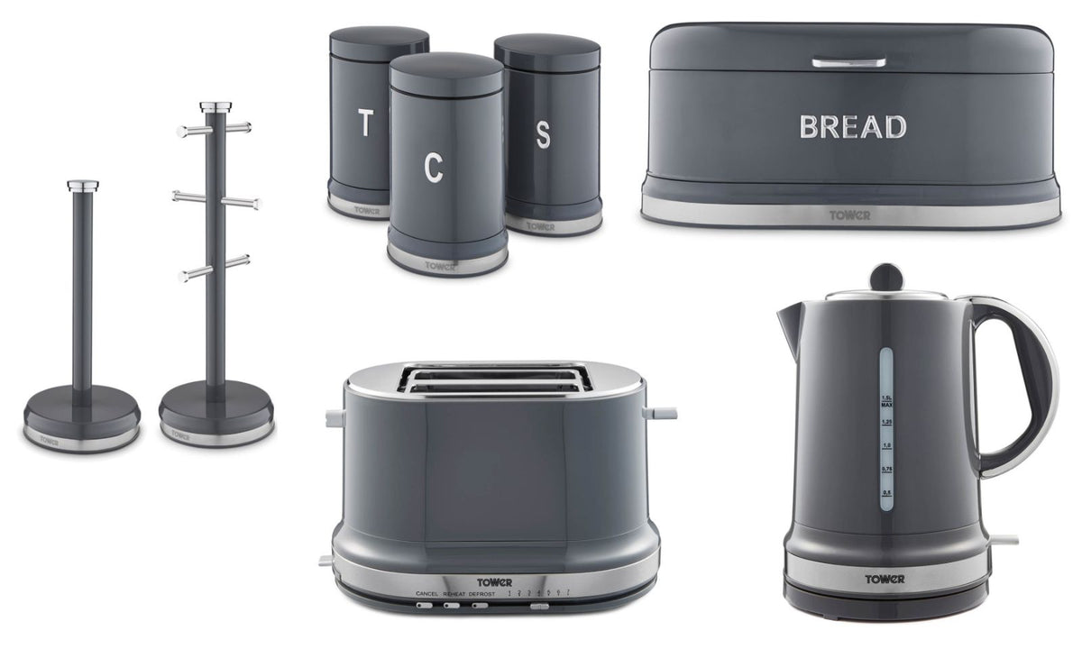 Tower Belle Kettle, 2 Slice Toaster, Bread Bin, Canisters, Mug Tree & Towel Pole Set in Graphite Grey