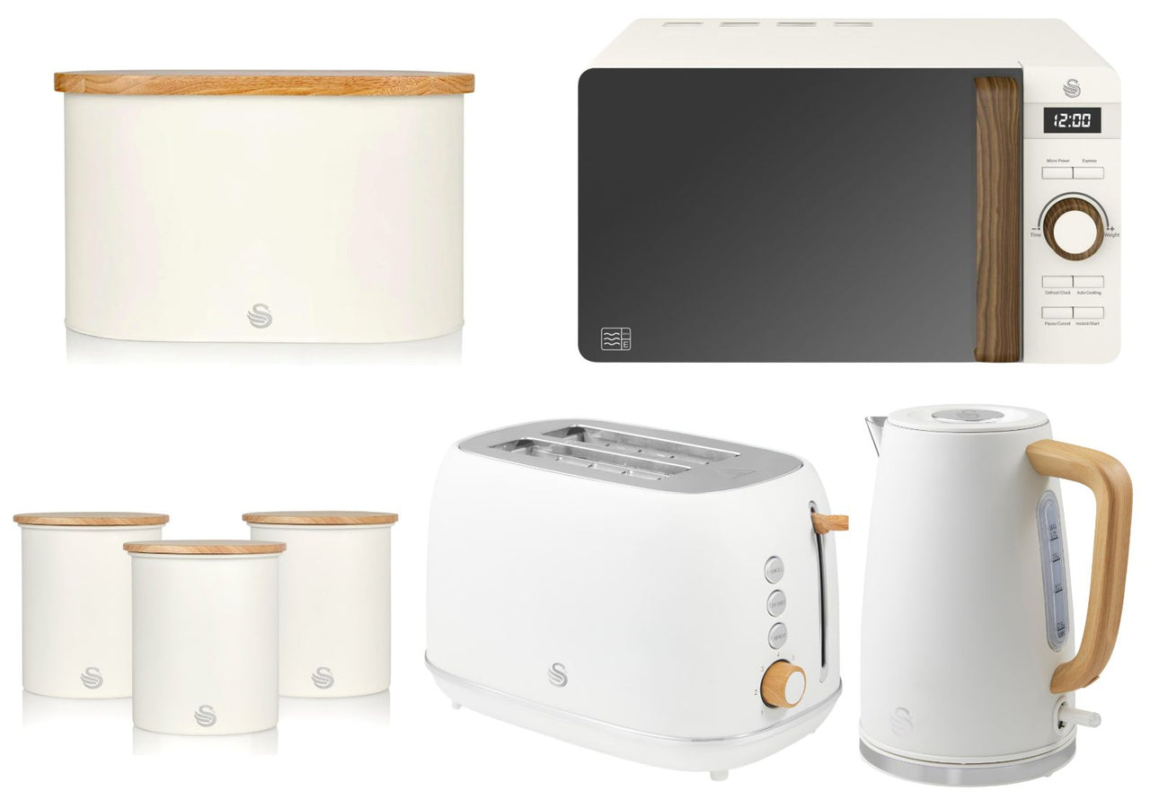 Swan Fjord White Jug Kettle Toaster plus Nordic Microwave Breadbin Canisters Set0