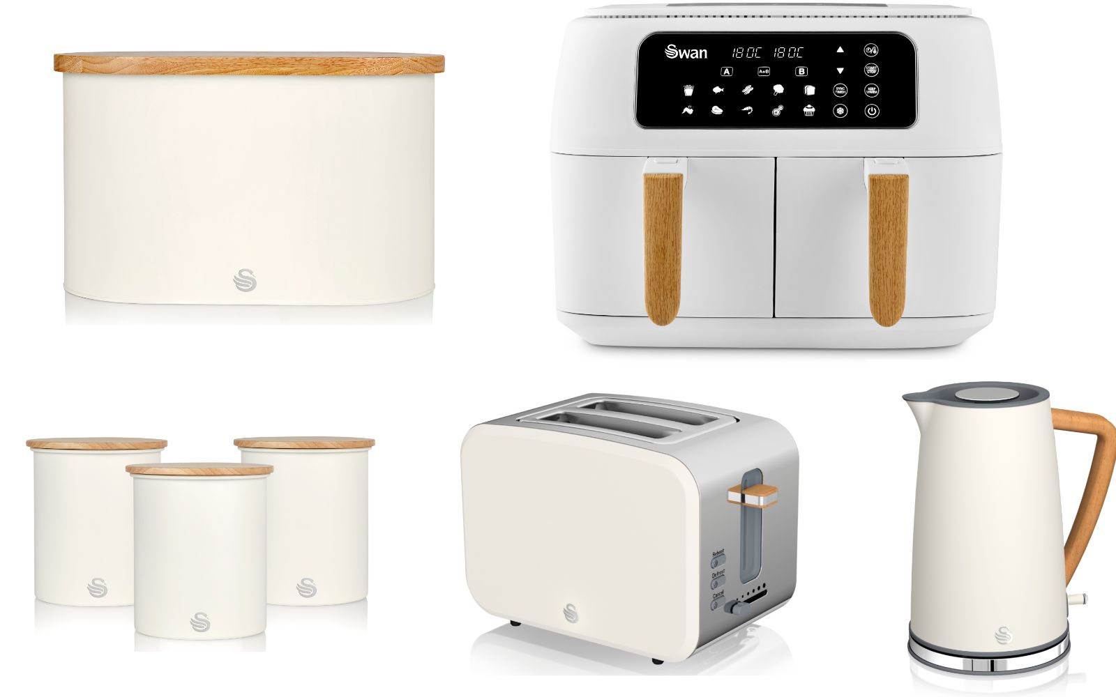 Swan Nordic White 1.7L Jug Kettle, 2 Slice Toaster, 8L Dual Basket Air Fryer, Bread Bin & Canisters Matching Set