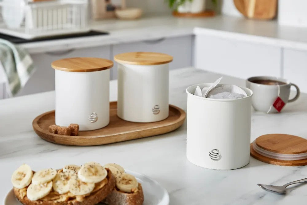 Swan Fjord White Jug Kettle Toaster plus Nordic Microwave Breadbin Canisters Set7