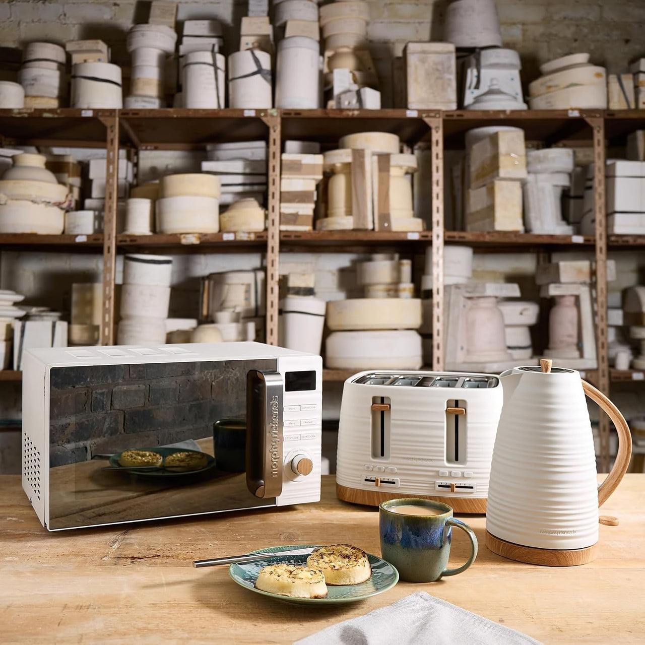 Morphy Richards Clay Kettle, 4 Slice Toaster and Microwave Set in China White1