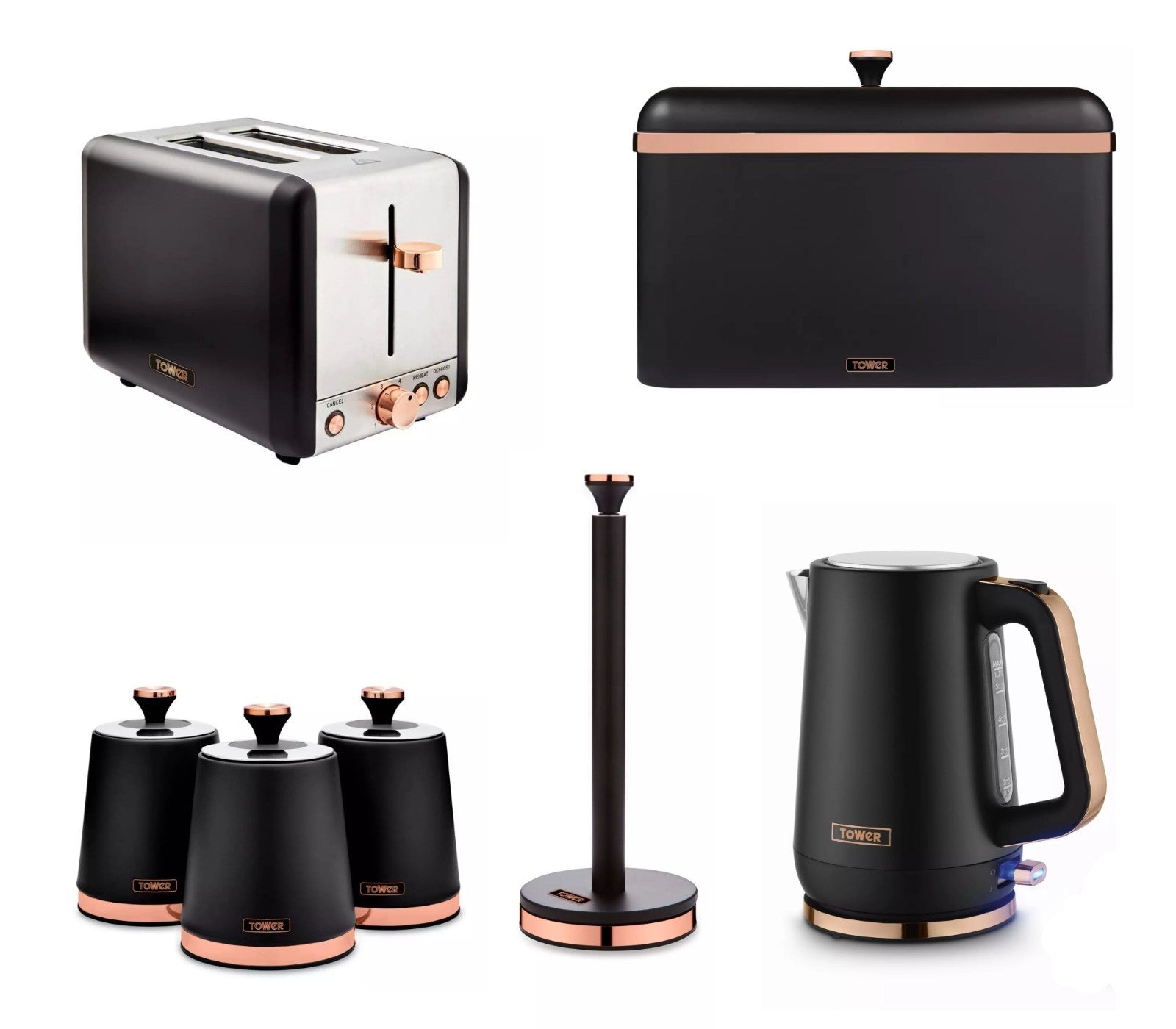 Tower Cavaletto Kettle, 2 Slice Toaster, Canisters, Bread Bin & Towel Pole Black0