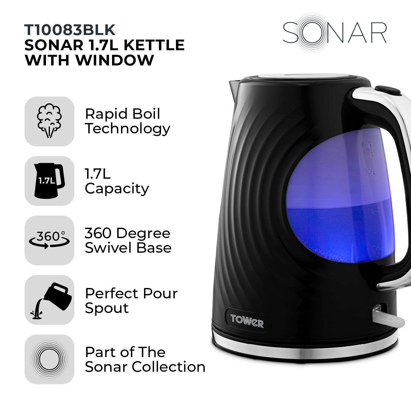 Tower Sonar Black Kettle 2 Slice Toaster & 800W 20L Manual Microwave T24044BLK10