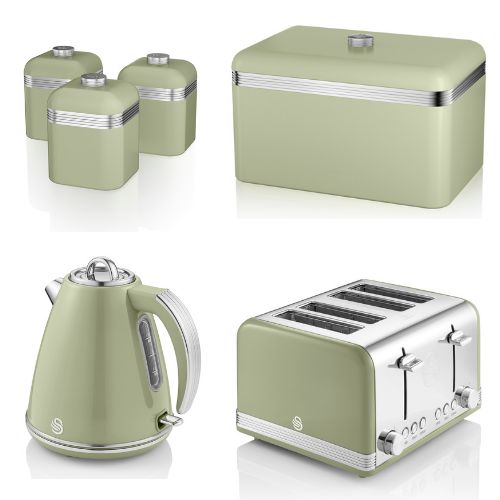 Swan Retro Green 1.5L 3KW Jug Kettle, 4 Slice Toaster, Bread Bin & Canisters. Matching Kitchen Set of 6