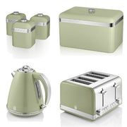 Swan Retro Green 1.5L 3KW Jug Kettle, 4 Slice Toaster, Bread Bin & Canisters. Matching Kitchen Set of 6