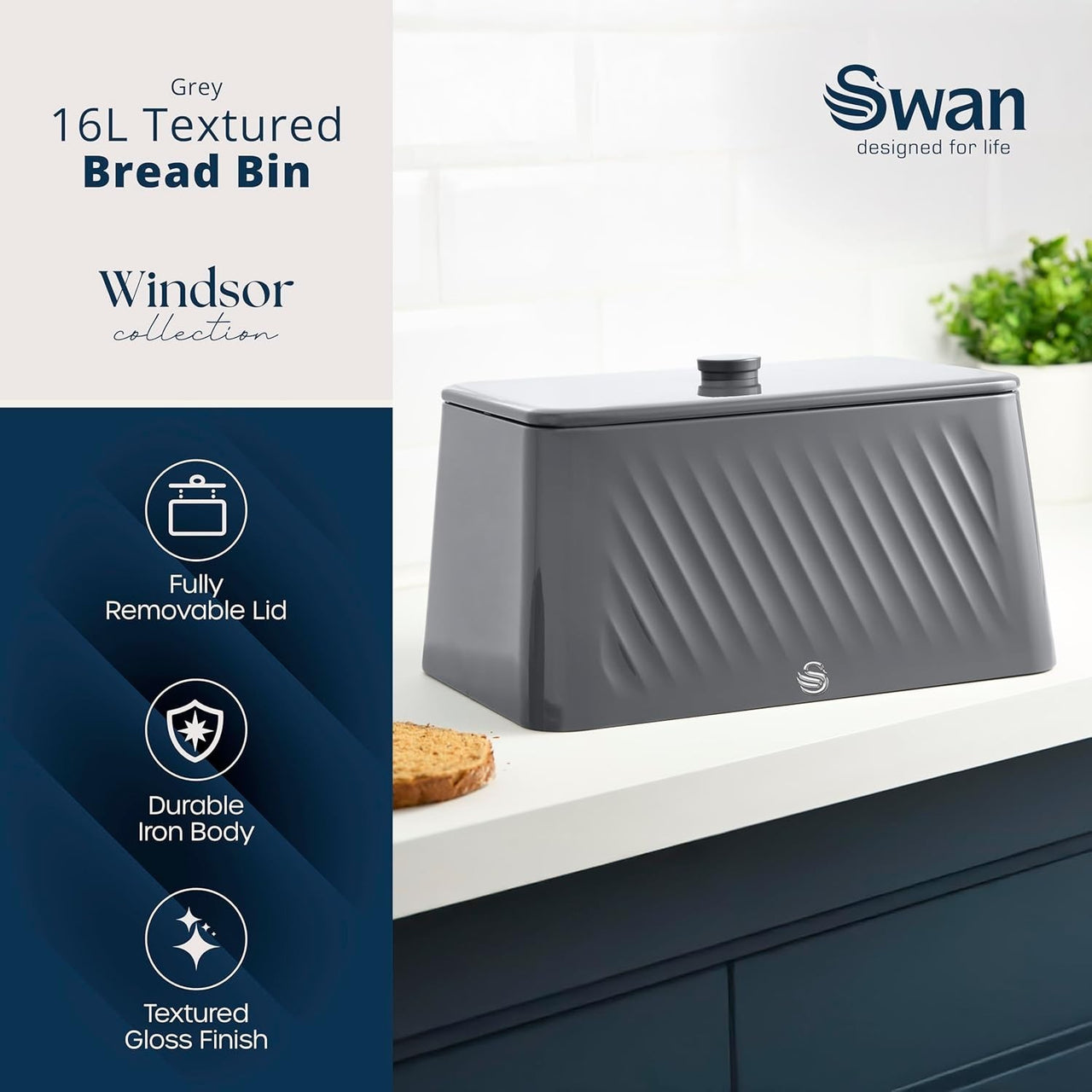 Swan Windsor Grey Breadbin and Canisters Matching Kitchen Storage Set1