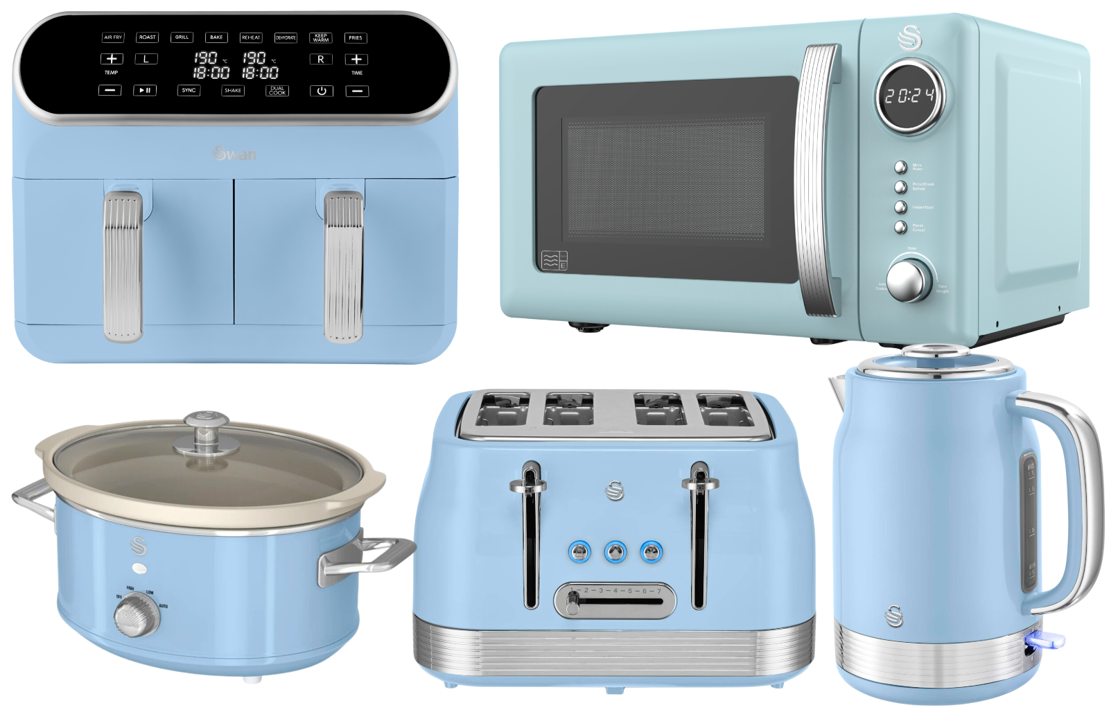 SWAN Retro Revive Blue Kettle Toaster Microwave Air Fryer Slow Cooker Set0