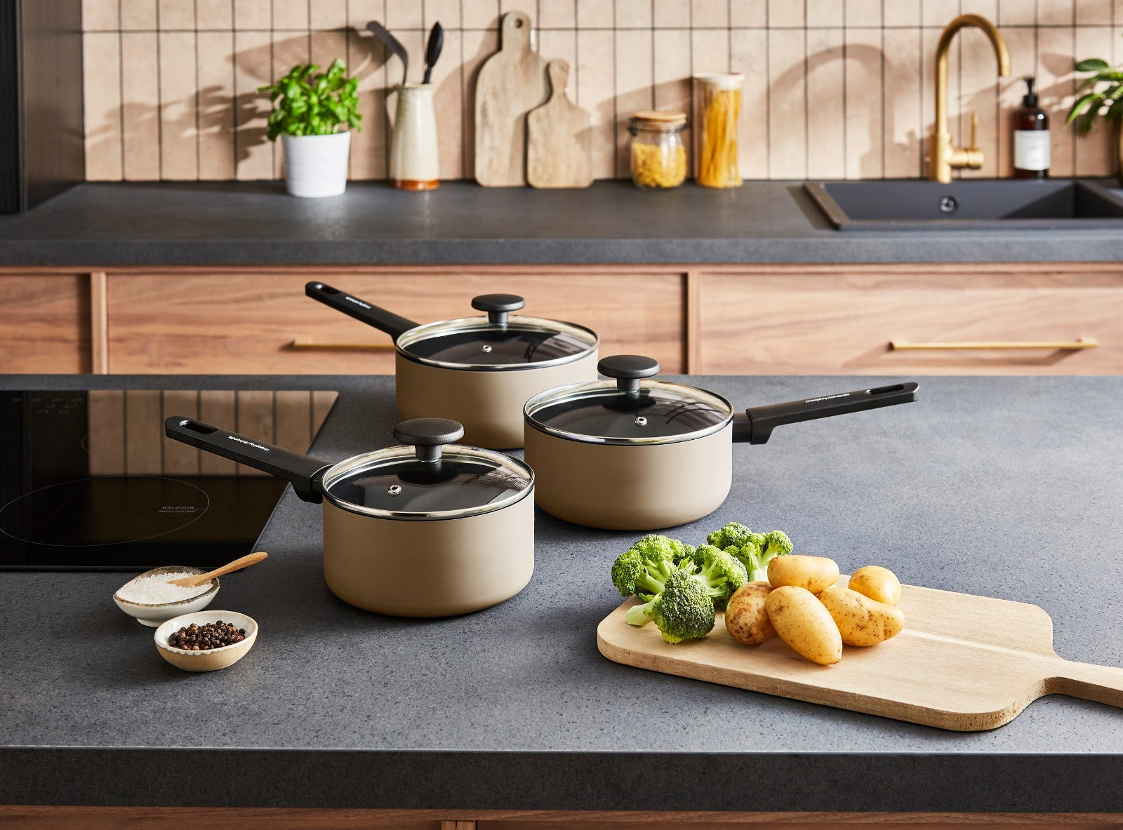 Morphy Richards 3 Piece Pan Set Cream Recycled Aluminium Saucepan Set 8590033