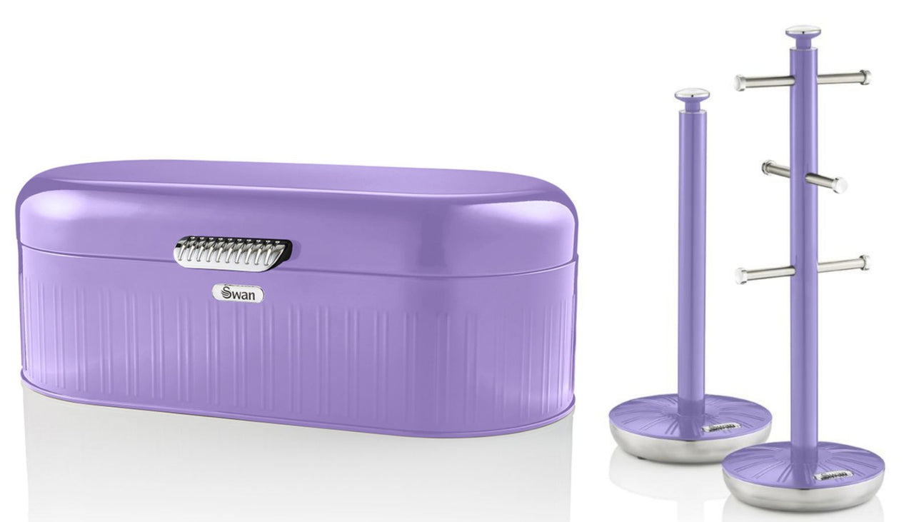 SWAN Retro Purple Bread Bin Mug Tree & Towel Pole Kitchen Storage Set