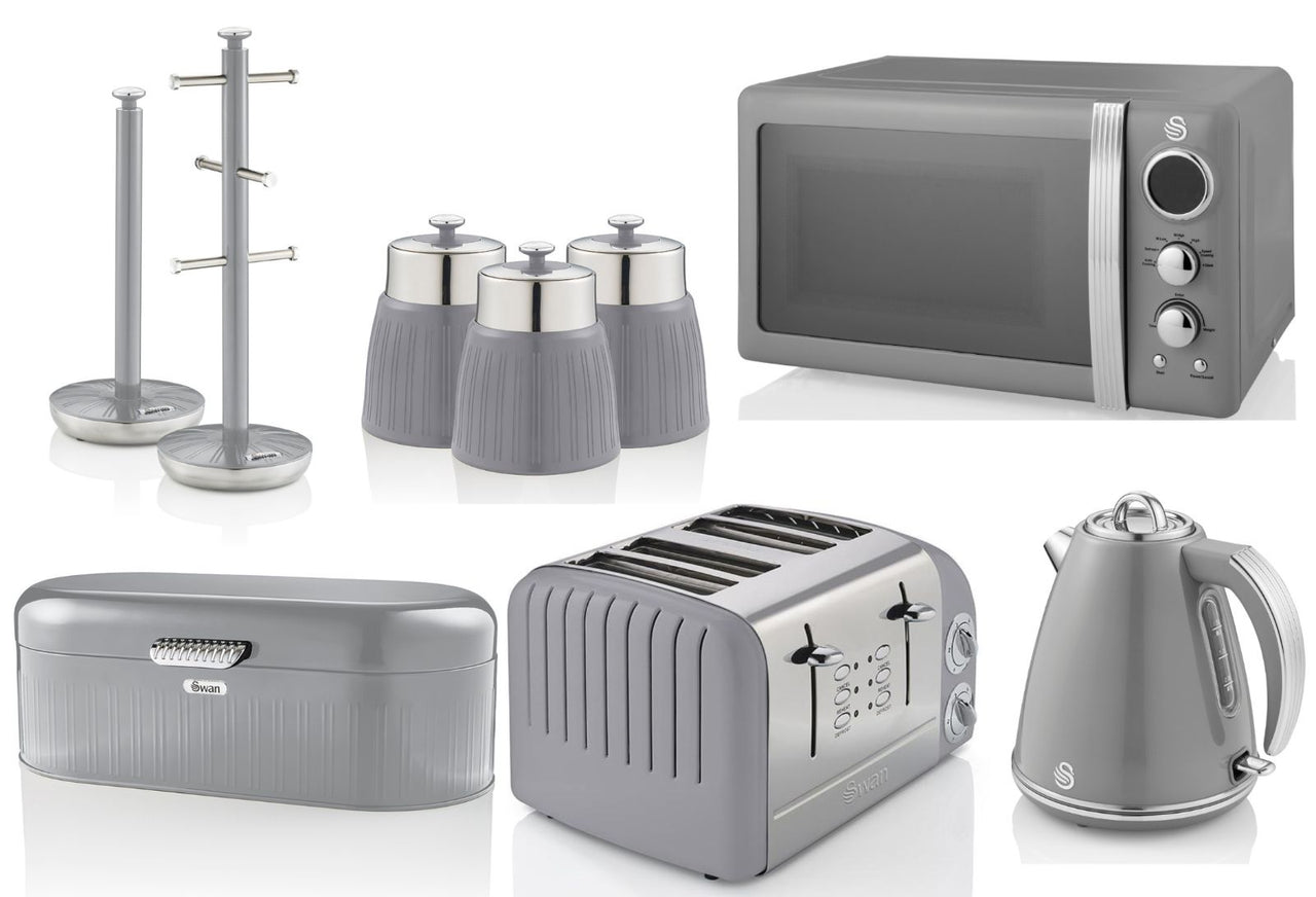 SWAN Retro Grey Kitchen Set of 9 - Jug Kettle Toaster Microwave & Accessories