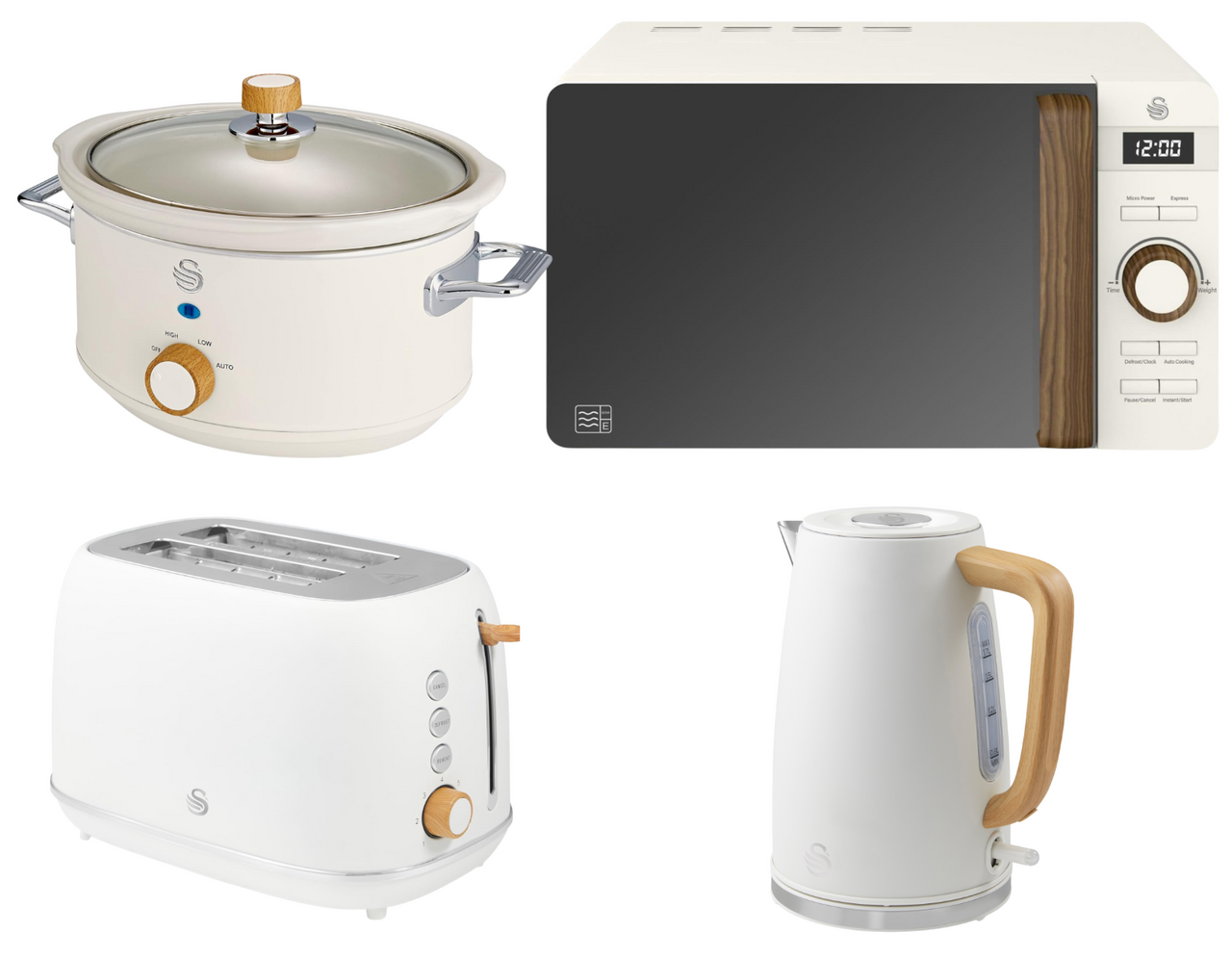 Swan Fjord White Jug Kettle Toaster plus Nordic Microwave and Slow Cooker Set0