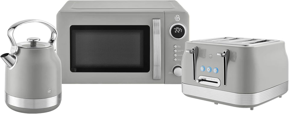 Swan Retro Revive Grey Kettle Toaster Microwave Kitchen Bundle Set