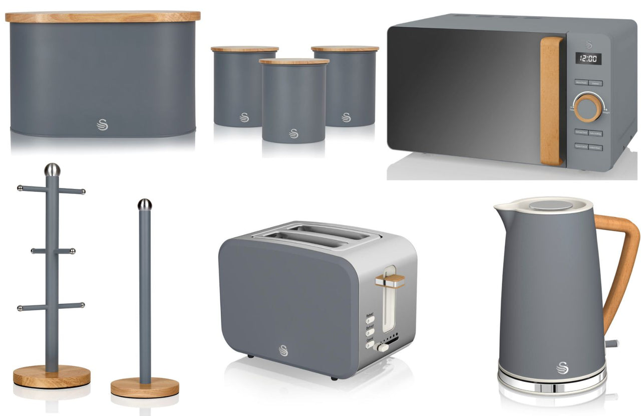 Swan Nordic Grey 1.7L Jug Kettle, 2 Slice Toaster, 800W 20L Microwave, Bread Bin,  Canisters, Mug Tree & Towel Pole Matching Set