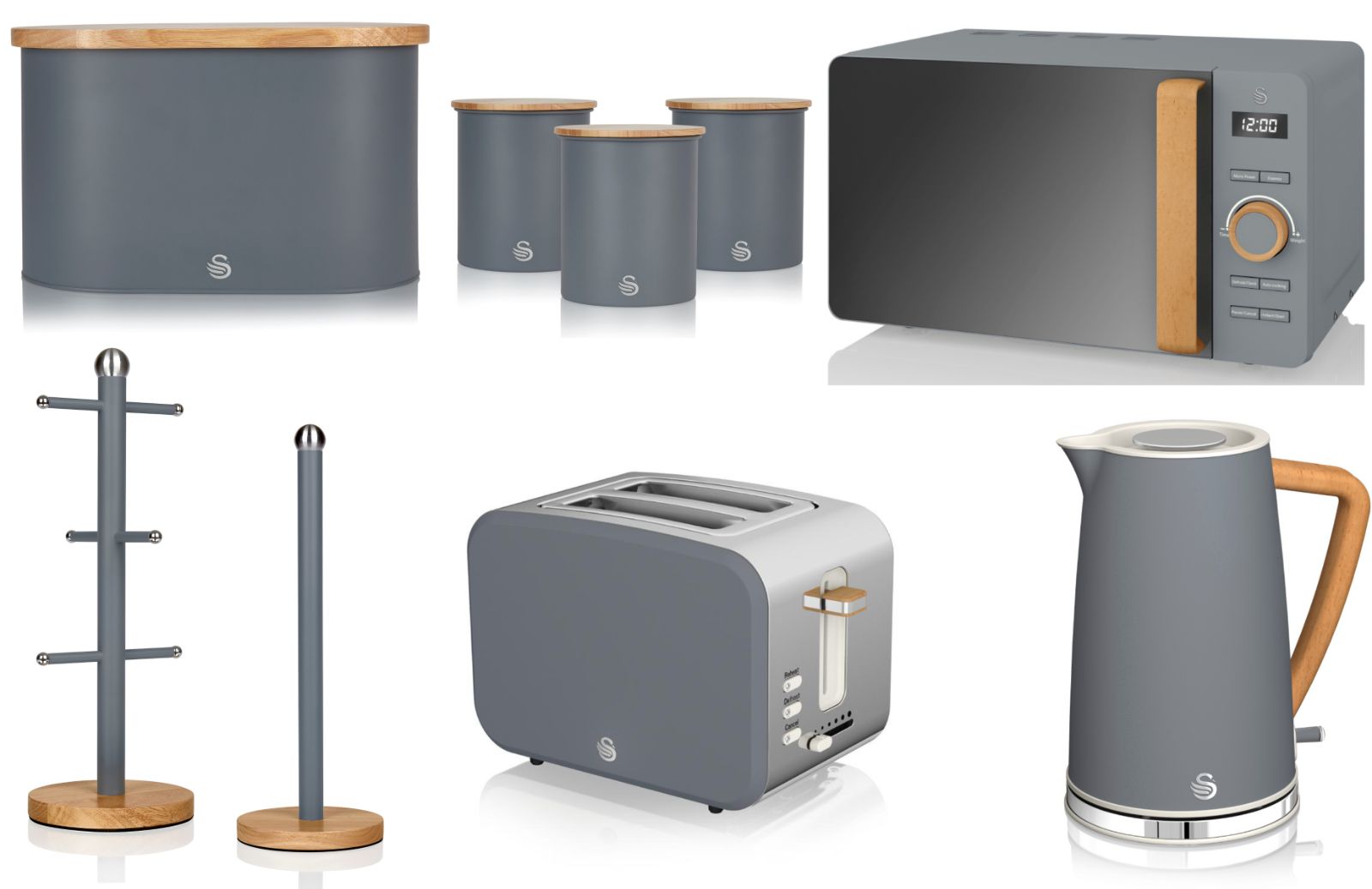Swan Nordic Grey 1.7L Jug Kettle, 2 Slice Toaster, 800W 20L Microwave, Bread Bin,  Canisters, Mug Tree & Towel Pole Matching Set