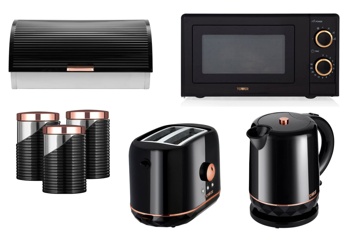 Tower Rose Gold & Black 1.5L Kettle, 2 Slice Toaster, 700W 20L Microwave, Bread Bin & 3 Canisters Set