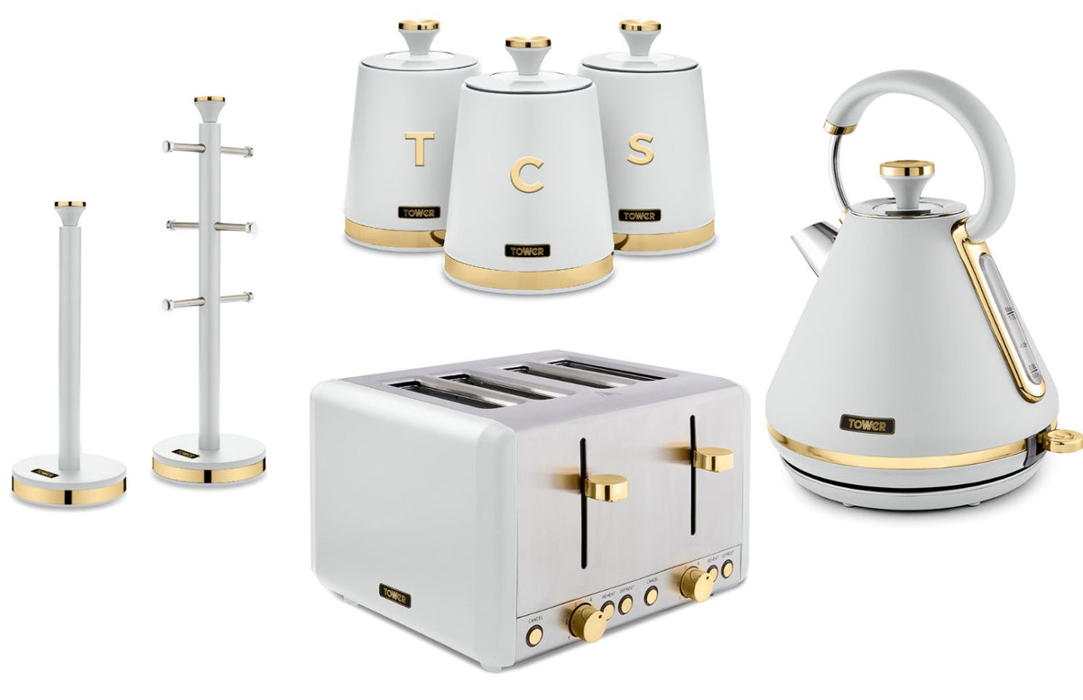 Tower Cavaletto White Kettle 4 Slice Toaster Canisters Mug Tree & Towel Pole Set of 7