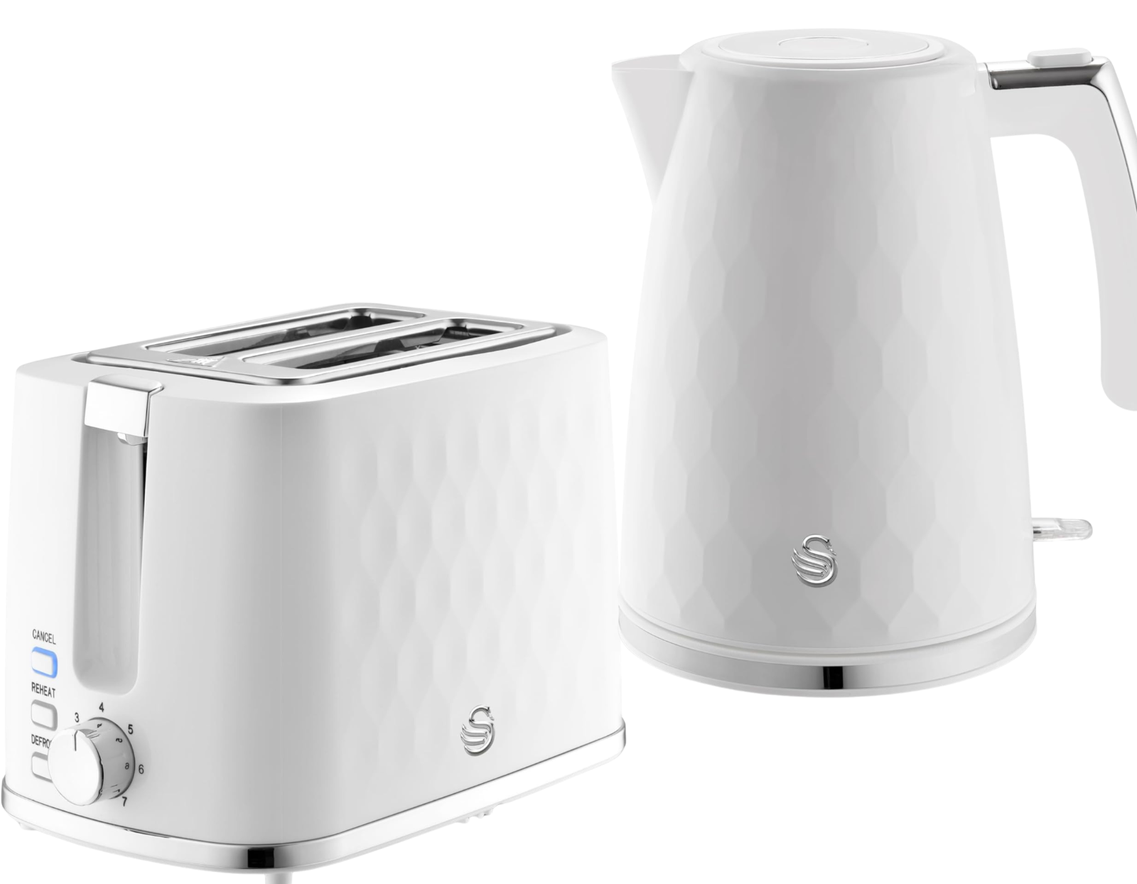 Swan Hexton White Kettle & 2 Slice Toaster Hexagonal Texture Chrome Accents0