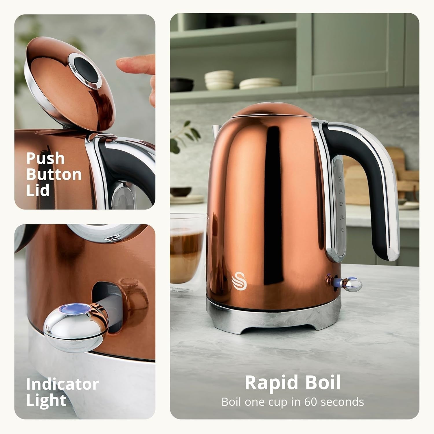 Swan Solace Copper 1.7L Kettle Rapid Boil High Gloss Finish & Chrome Trim5