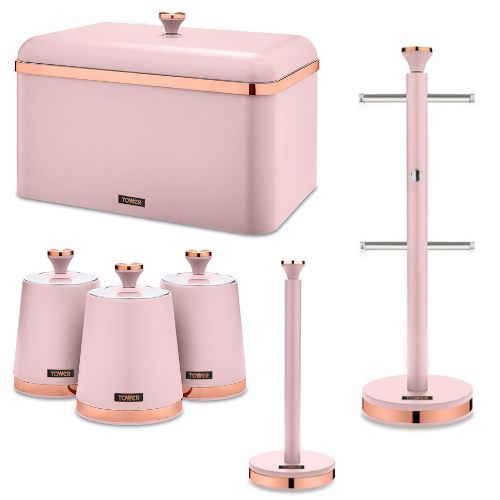 Tower Cavaletto Pink Bread Bin, Canisters, Mug Tree & Towel Pole Kitchen Storage Set Pink in & Rose Gold