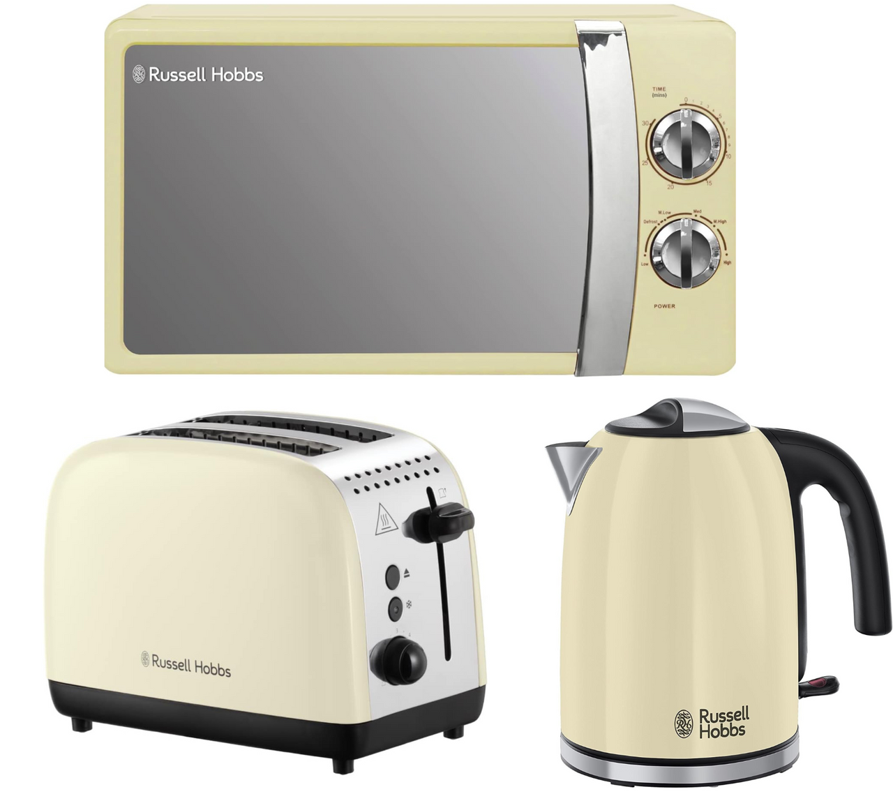 Russell Hobbs Colours Plus 1.7L Kettle, 2 Slice Toaster & 700W Manual Microwave RHMM701C Matching Set in Cream