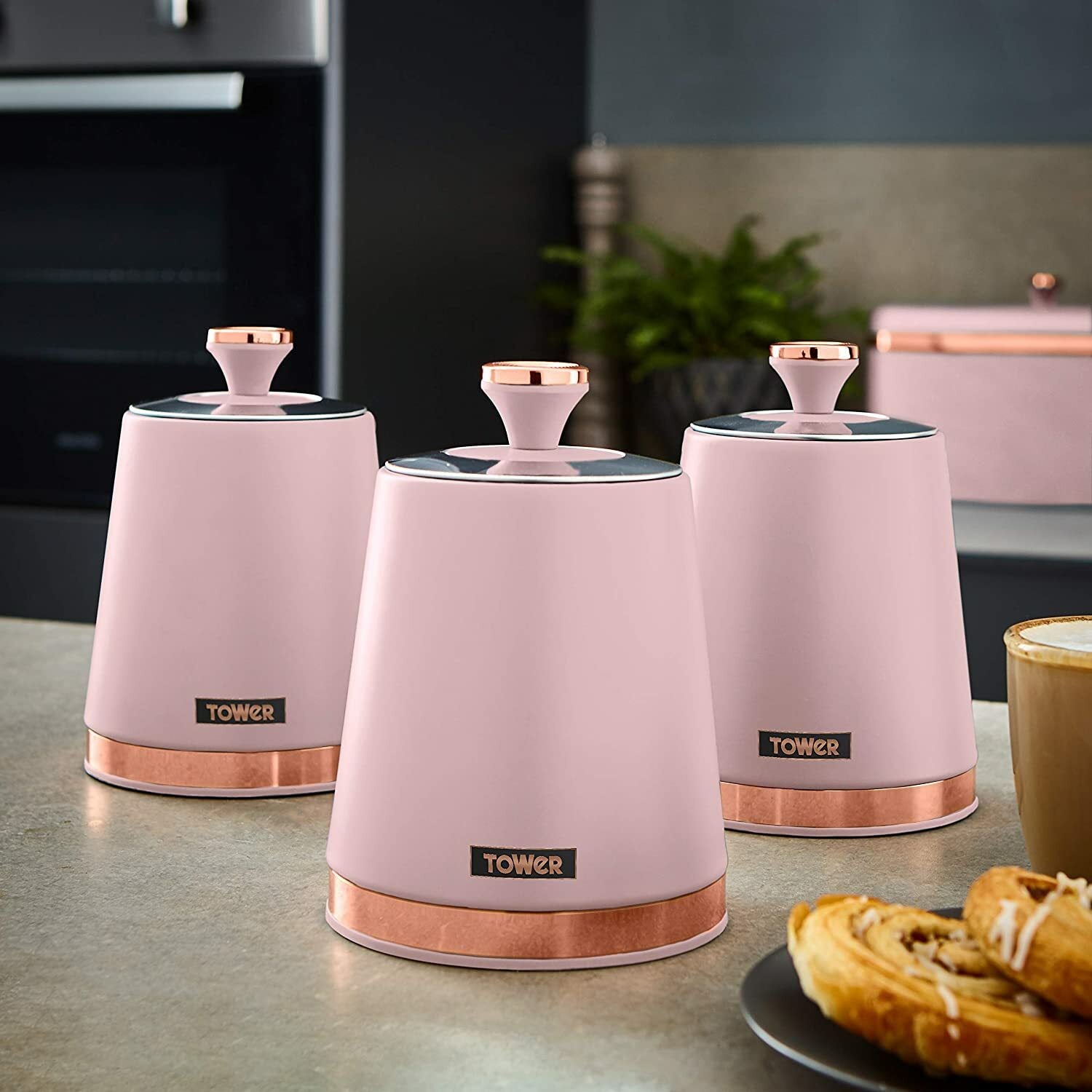 Tower Cavaletto Pink Kettle Toaster Breadbin Canisters Kitchen Roll Holder Set10