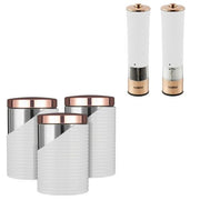 White & Rose Gold Tea, Coffee, Sugar Canisters & Electric Salt/Pepper Mills Set