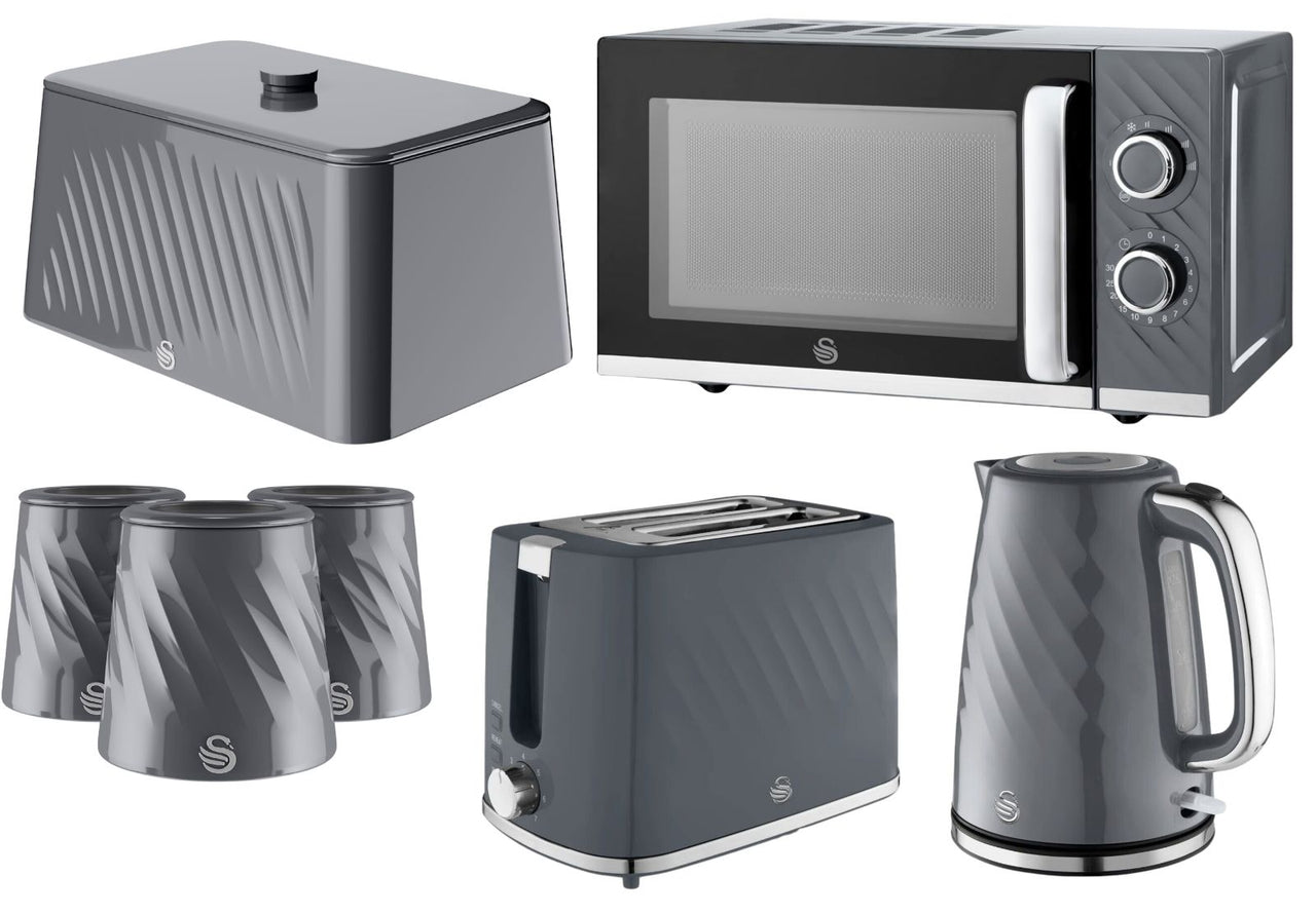 Swan Windsor Grey Kettle Toaster Microwave Breadbin Canisters Kitchen Bundle0