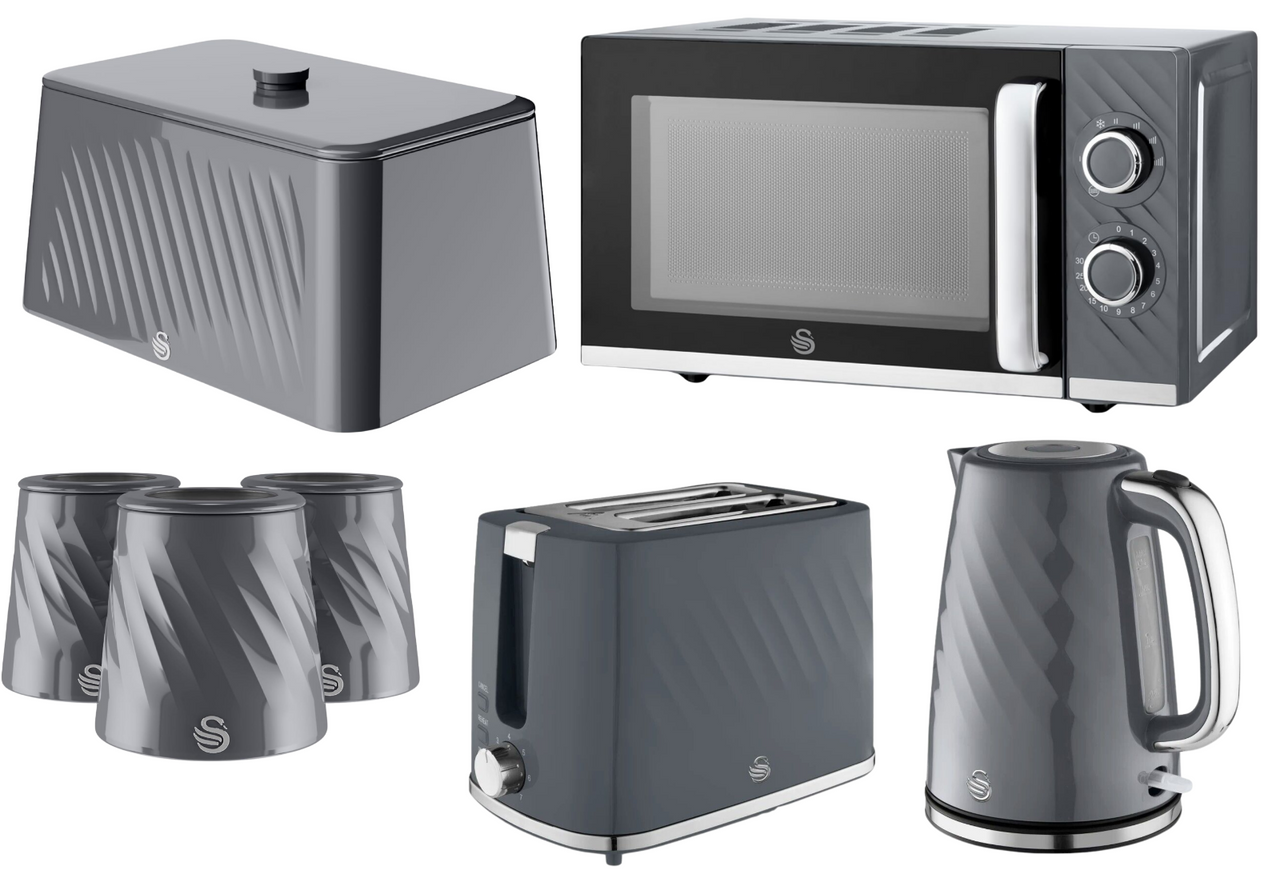 Swan Windsor Grey Kettle Toaster Microwave Breadbin Canisters Kitchen Bundle0