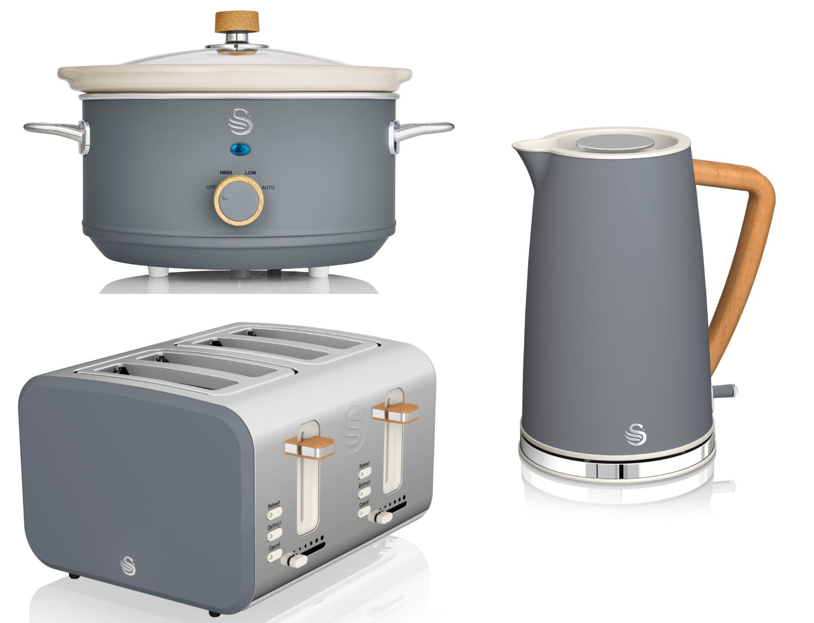 Swan Nordic Grey 1.7L Kettle, 4 Slice Toaster & 3.5L Slow Cooker Matching Kitchen Set