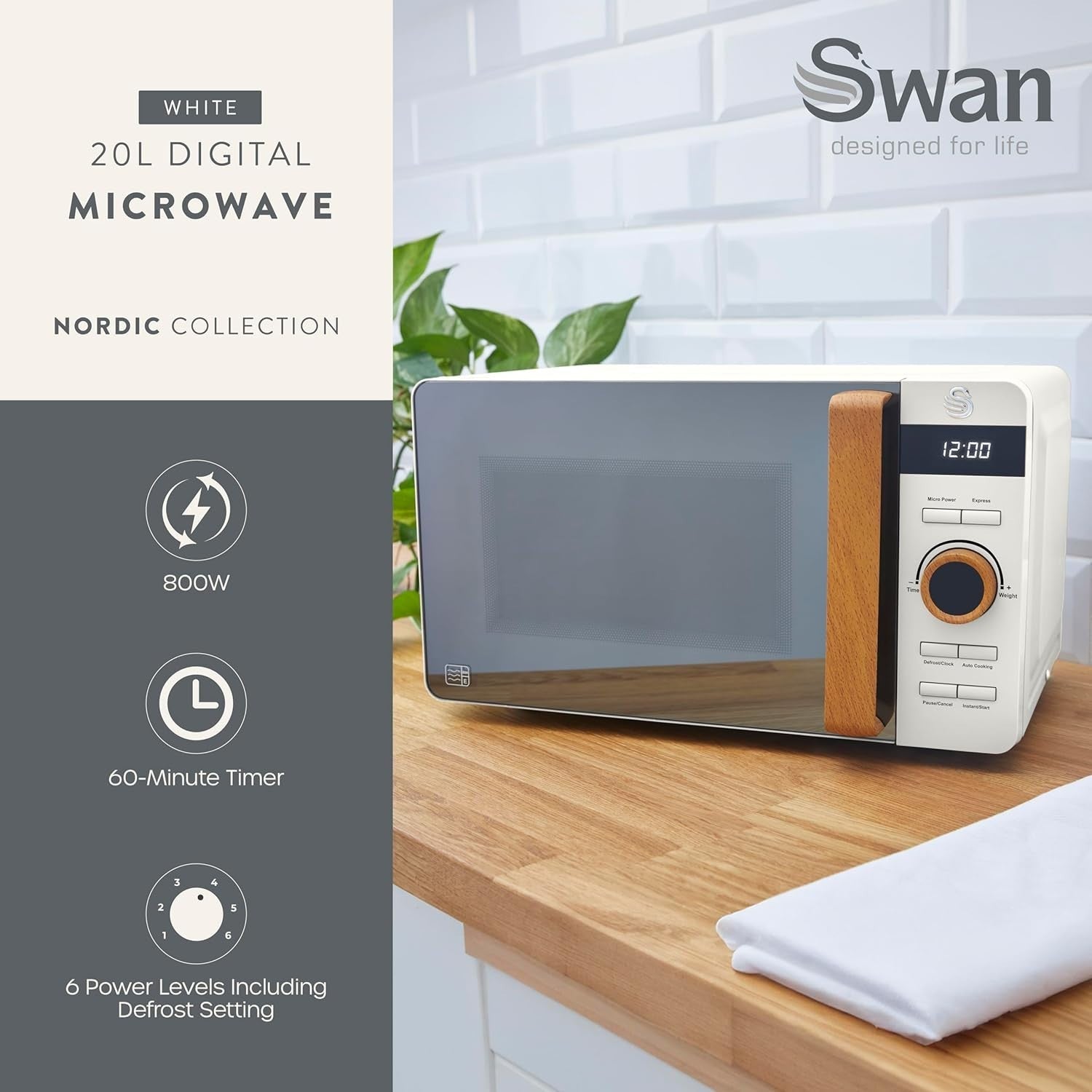 Swan Fjord White Jug Kettle Toaster plus Nordic Microwave and Slow Cooker Set3