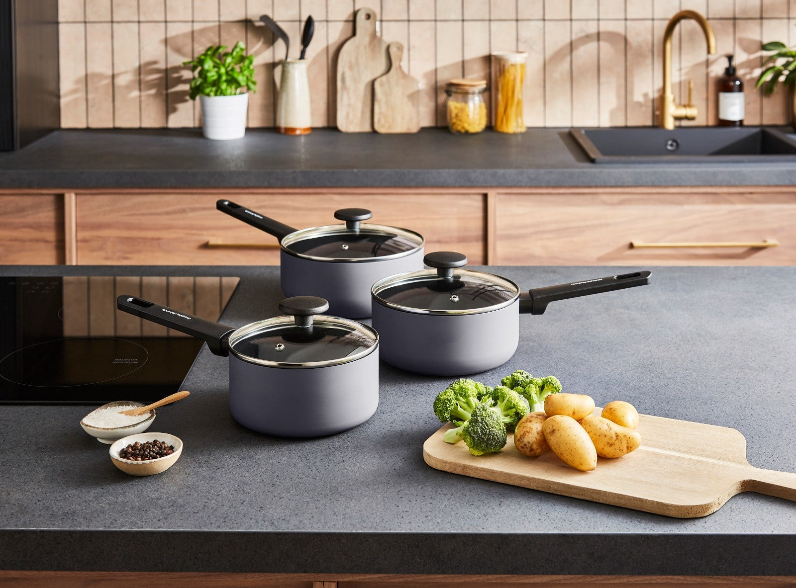 Morphy Richards 3 Piece Pan Set Grey Recycled Aluminium Saucepan Set 8590024