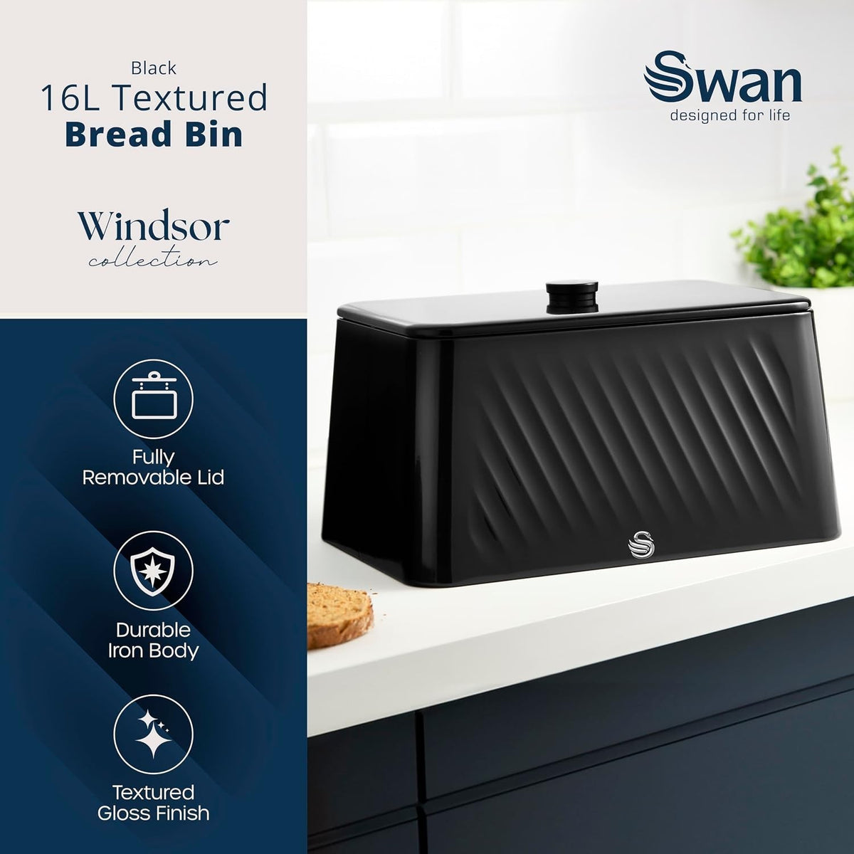 Swan Windsor Black 16L Bread Bin Iron Storage Chrome Handle SWKA18539BLK3