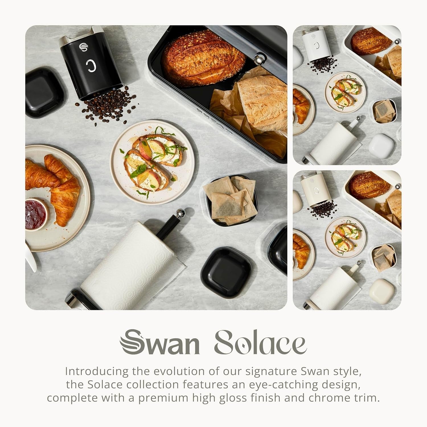 Swan Solace Black Breadbin Canisters Kitchen Roll Holder Storage Set Chrome Trim13