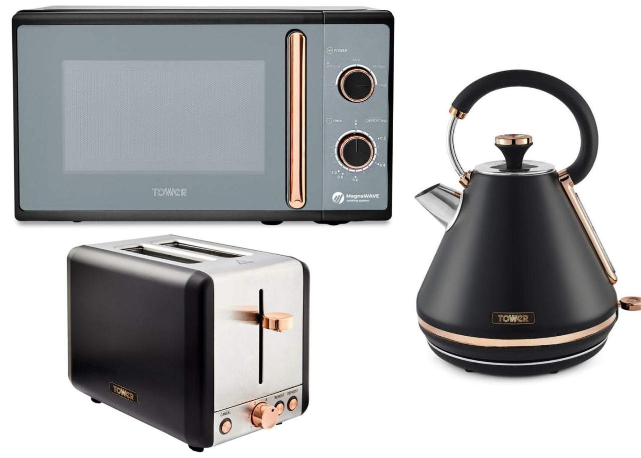 Tower Cavaletto Black Pyramid Kettle 2 Slice Toaster & Microwave Set with Rose Gold Accents