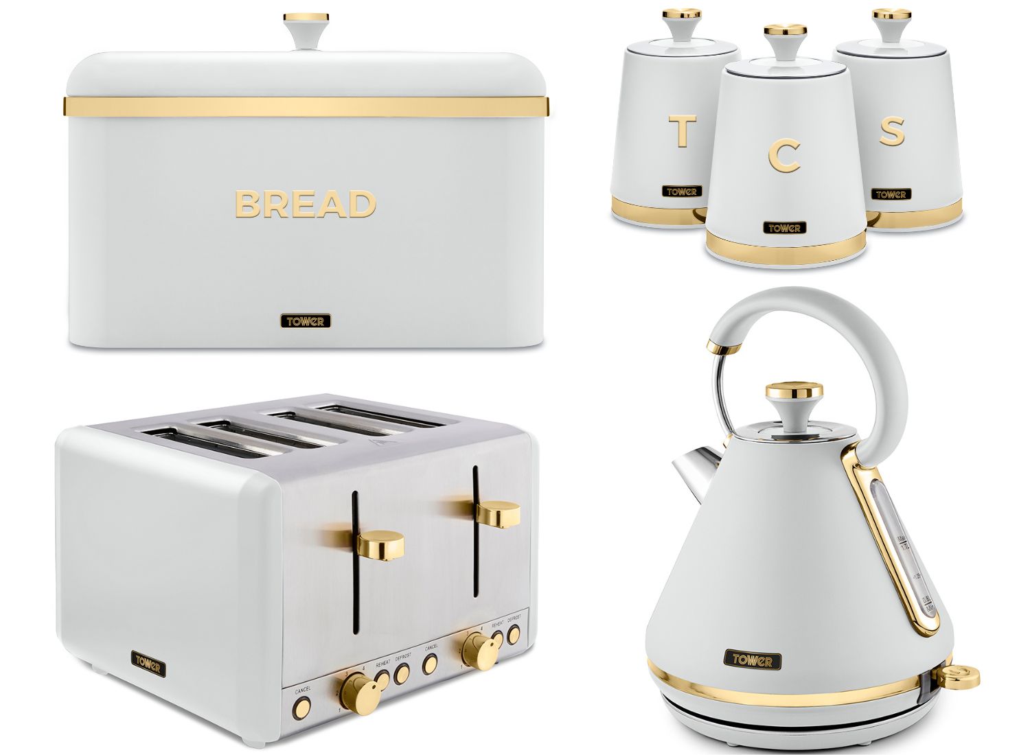 Tower Cavaletto 1.7L 3KW Pyramid Kettle, 4 Slice Toaster, Breadbin & Canisters White & Champagne Gold Matching Set
