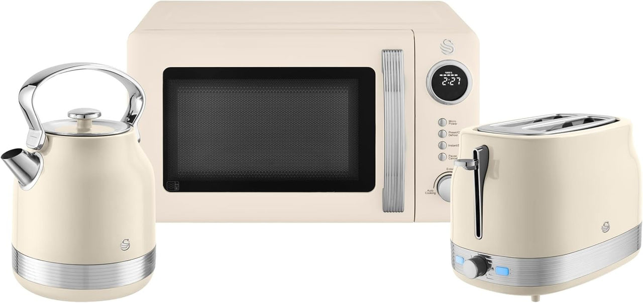 Swan Retro Revive Cream Stovetop Kettle 2 Slice Toaster Microwave Bundle Set0