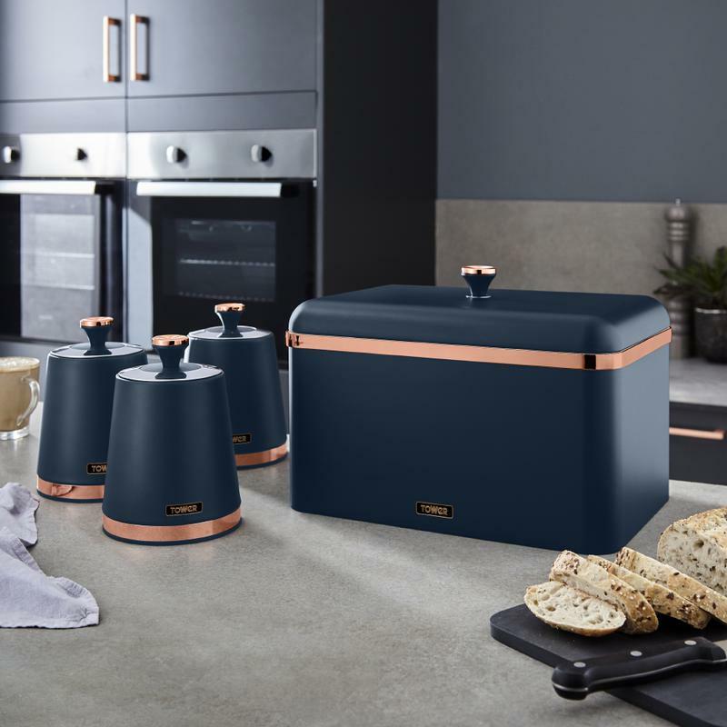 Tower Cavaletto Blue Kettle Toaster Bread Bin Canisters Kitchen Roll Holder Set2