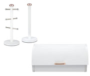 Tower Breadbin, Mug Tree & Towel Pole Kitchen Storage Matching Set Rose Gold/White