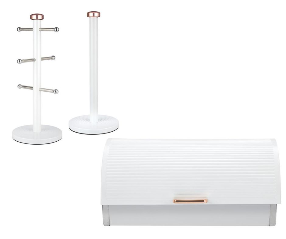 Tower Breadbin, Mug Tree & Towel Pole Kitchen Storage Matching Set Rose Gold/White