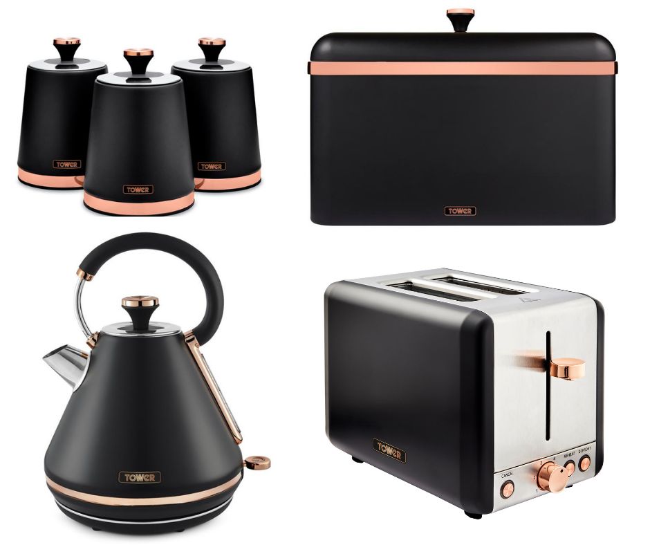 Tower Cavaletto Pyramid Kettle 2 Slice Toaster Canisters BreadBin Black & Rose Gold