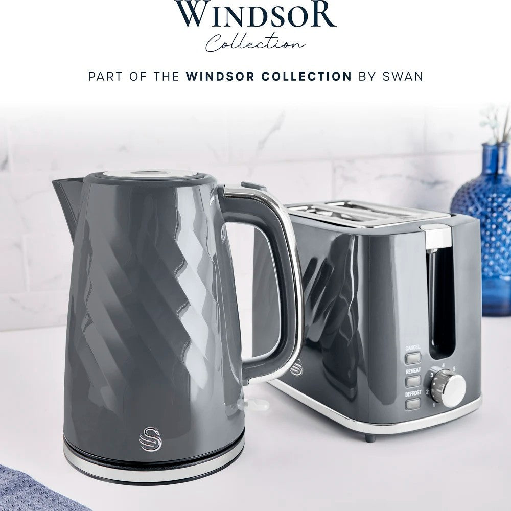 Swan Windsor Grey Kettle Toaster Microwave Set Textured Finish Chrome Accents1